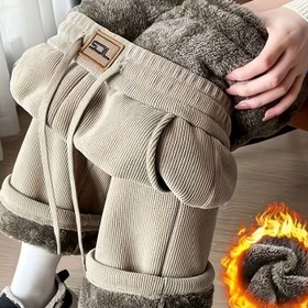 Resim Kadınların Rahat Fleece Astarlı Korduroy Pantolonları | Bej | Cepli Rahat Düz Bacaklı Pantolonlar | Sonbahar/Kış İçin Sıcak ve Rahat | Yumuşak, Dayanıklı ve Şık | Günlük Kıyafetler, Kış Giysileri İçin Mükemmel | Rahat Fleece Pantolonlar | Yumuşak Dokulu 