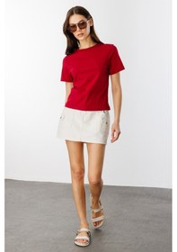 Resim Kadın T-shirt Kısa Kollu Organik Pamuklu Bisiklet Yaka Crop T-shirt Kadın-t-shırt Bordo 