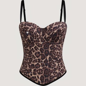 Resim Kadınlar için Leopar Desenli Korse Cami Üst - Kolsuz, Esnek Fit, Bağcıklı Detay, Fermuarlı Sırt, Şık Tatil Stili Günlük Giyim İçin, Halter Yaka, Rahat Kalıp 