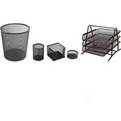 Resim Temat Metal Ofis Seti 5'li Siyah Evrak Rafı 3'lü + Çöp Kovası + Kalemlik + Küpnotluk + Ataşlık 