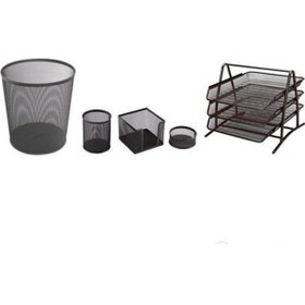 Resim Temat Metal Ofis Seti 5'li Siyah Evrak Rafı 3'lü + Çöp Kovası + Kalemlik + Küpnotluk + Ataşlık 