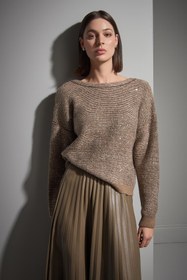 Resim Sırt Dekolteli Pullu Kahverengi Triko Kazak 