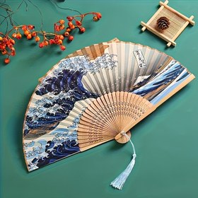 Resim 1 Adet Japon Dalga Sanatı El Tipi Katlanır Yelpaze - Hafif Taşınabilir Soğutma Fanı, Dans, Cosplay, Kültürel Etkinlikler ve Hediye İçin Geleneksel Tasarım, Şık Desenli, Dayanıklı Yapı, Cosplay Tutkunları ve Dans Sanatçıları İçin Sağlam Yapı 