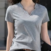 Resim Kadınların Şık Casual V-Yaka T-Şört, Polyester Karışımı, Örgü Kumaş, Düz Renk, Normal Uzunluk, Yaz Giysisi İçin 