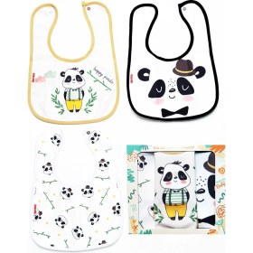 Resim Mai Perla Panda Temalı Kare 3 Parça Microfiber Mama Önlüğü Kendi Kutusunda (Su Geçirmez) Çıtçıtlı 