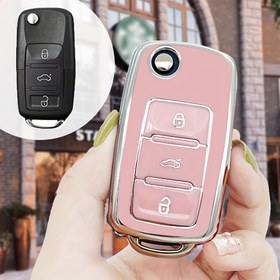 Resim Volkswagen & Skoda için Pembe TPU Araba Anahtar Kılıfı - Dayanıklı, Düşmeye Karşı Koruma ve Sinyal İletimi, Kayıp Anahtarlık Dahil, Çoklu Modellerle Uyumlu 