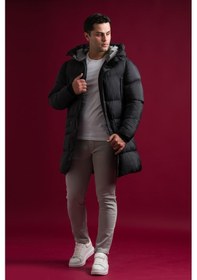 Resim Slimfit Kapşonlu Çıtçıt Ve Fermuar Kapamalı Yan Ve Gögüs Fermuar Cepli Yoğun Elyaf Dolgulu Erkek Uzun Spor Mont 001 