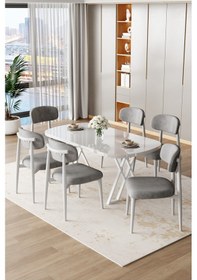 Resim Canisa Jolin Serisi Mdf 90x168 Beyaz Mutfak Masa Takımı 6 Gri Metal Sandalye Beyaz Masa, Gri Sandalye 