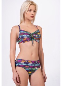 Resim Endeep Kadın Çizgi Desenli Özel Lurex Kumaşlı Balenli Destekli Bikini Takımı Mavi 