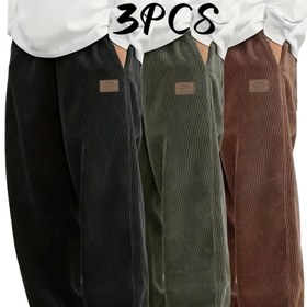 Resim 3 adet Erkek Vintage Esintili Bol Kesim Korduroy Pantolon - Düz Renk, Tüm Mevsim Konforu, Rahat ve Spor Stili Cep ile Yürüyüş, Bisiklet, Açık Hava Aktiviteleri, Yürüyüş Pantolonları 