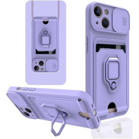 Resim Sphone Iphone 14 Plus Kılıf Kamera Sürgülü Korumalı Yüzüklü Standlı Kartvizitlik Loş Renkli Case 