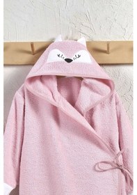 Resim %100 Pamuk Bebek Çocuk Bornozu Kapüşonlu Nakışlı Hayvan Figürlü Bornoz Pembe 