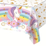 Resim 1 adet Renkli Unicorn Temalı Doğum Günü Masa Örtüsü - Tek Kullanımlık Plastik, Gökkuşağı & Çiçek Desenli Altın Vurgularla, Gençlerin Parti Süslemeleri İçin Mükemmel, Unicorn Doğum Günü Parti Malzemeleri 