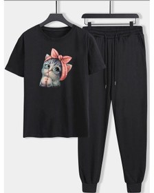 Resim Unisex Sevimli Kedi Baskılı 2'li Eşofman Takımı Siyah 