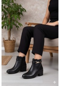 Resim Fort 1092 Rahat Esnek Toka Detaylı Sıcak Astar 4 Cm Yüksek Topuk Kadın Bot Siyah 