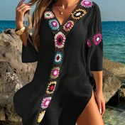 Resim MOXDO Kadınlar için Büyük Beden Bohem El Yapımı Crochet V Yaka Elbise, Akışlı Çan Kollu, Hafif Polyester Plaj Örtüsü, Canlı Çiçek Deseni 