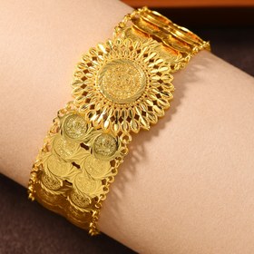 Resim 1 adet Zarif 24K Altın Kaplama Çift Para Bileklik Bileklik Güneş Çiçeği Tasarımı ile - Bohem Tarzı, Günlük ve Parti, Tüm Mevsimler, Şenlik Aksesuarı | Vintage Esinli Tasarım | Detaylı Oyma, Altın Tonlu Bileklik 