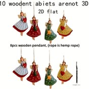 Resim 8 Adet Vintage Melek Süsleri - Kırmızı ve Yeşil Yıldız Desenli Yapay Ahşap Asma Dekor, Noel Ağacı için 7.62 cm Düz 2D Kolyeler, Ev & Ofis Sezonluk Sergiler, Tatil Süslemeleri | Detaylı Desen | İp Askılık Dahil, 2D Düz 