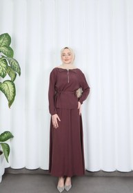 Resim HNT Hayrunnisa Tesettür Fermuar Detaylı Beli Ayarlanabilir Tesettür Etekli Takım Bordo HNT8598 