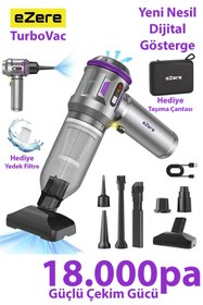 Resim EZERE TurboVac 18000pa Güçlü Dijital Göstergeli Vakumlu Kablosuz Üflemeli Mini Araç Süpürgesi 