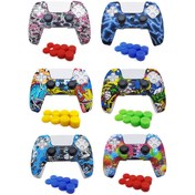 Resim 1 adet Oyun Koruyucu Kılıf + 8 adet Joystick Başlığı Seti PS5 Kumandası için, Yumuşak Silikon, Kaymaz, Su Transfer Baskı Tasarımı, Gelişmiş Oyun İşletim Hissi 
