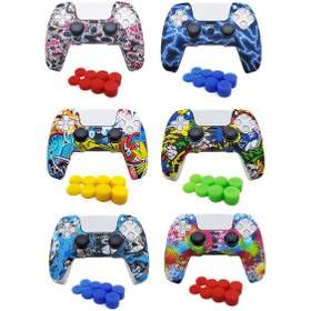 Resim 1 adet Oyun Koruyucu Kılıf + 8 adet Joystick Başlığı Seti PS5 Kumandası için, Yumuşak Silikon, Kaymaz, Su Transfer Baskı Tasarımı, Gelişmiş Oyun İşletim Hissi 