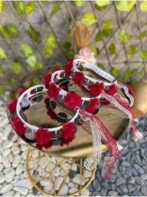 Resim GÜRLEK TEKSTİL Bordo Süslü Gelin Nedime Kına Gecesi Tefi, Üç Boyut Lazer Çiçek ve Kurdele Detaylı Tef 10 Adet 