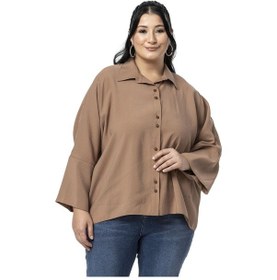 Resim Büyük Beden Düğme Ve Kol Detaylı Kısa Vizon Gömlek Vizon 