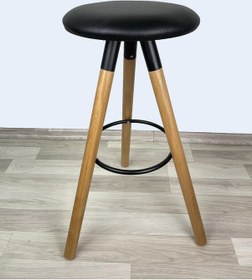 Resim Banco Bar Sandalyesi, Bar Taburesi 74cm Ahşap Ayak Siyah Deri Oturak Çok Renkli 