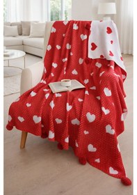 Resim Kalpli Triko Battaniye Ponponlu, Çift Taraflı, Yumuşak, Sevgililer Günü Özel Tasarım-130x170cm Kırmızı Kırmızı 