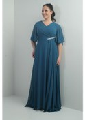 Resim Kadın V Yaka Beli Taşlı Drapeli Astarlı Büyük Beden Uzun Şifon Elbise-40907 Petrol 