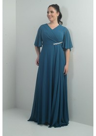 Resim Kadın V Yaka Beli Taşlı Drapeli Astarlı Büyük Beden Uzun Şifon Elbise-40907 Petrol 
