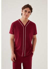 Resim Erkek Kısa Kollu Pamuklu Gömlek Yaka Düğmeli Biyeli Pijama Takımı Ke30118 Bordo 