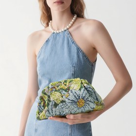 Resim Kadınlar için Şık Çiçekli Pullu Clutch Çanta - Manyetik Kapatmalı Hafif Polyester Akşam Çantası, Düğünler, Partiler, Plajlar & Hediyeler için Yeşil & Altın Çiçek Deseni, Parti Aksesuarı, Sofistike Aksesuar, Parıldayan Süslemeler 