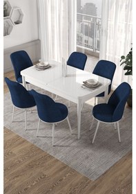 Resim Canisa Kor Serisi, Beyaz Açılabilir 70x114 Yemek Masa Takımı 6 Lacivert Sandalye Masa Beyaz Sandalyeler Lacivert 