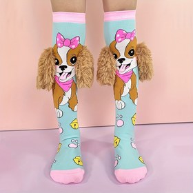 Resim Sevimli Mavi Köpek Desenli ve Pembe Kurdeleli Çoraplar - Yumuşak Naylon, Her Mevsim Kullanım İçin Erkek & Kız Çocuklarına Uygun 6x Beden, Günlük Kullanım, Parti, Tatil Hediyesi, Dayanıklı Malzeme, Genç Aksesuarları 