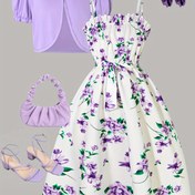 Resim Kızların Taze Çiçek Desenli Hırka ve Polka Dots Mini Elbise İki Parça Takım - Ruffled Kollu, Hafif Kumaş ve Eşleşen Aksesuarlarla Şık Yazlık Kıyafet, Kız Giysileri 