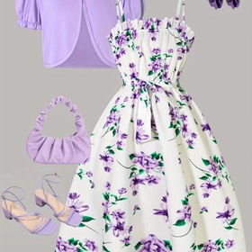 Resim Kızların Taze Çiçek Desenli Hırka ve Polka Dots Mini Elbise İki Parça Takım - Ruffled Kollu, Hafif Kumaş ve Eşleşen Aksesuarlarla Şık Yazlık Kıyafet, Kız Giysileri 