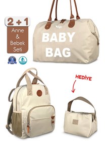Resim Stylo Bebek Bakım Kadın Omuz Çantası + Popi Anne Kadın Sırt Çantası + Termos Çanta Babypopi Bej TK 