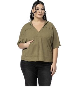 Resim Büyük Beden Kanguru Cepli V Yaka Kapüşonlu Kirli Dikişli Haki Bluz Haki 