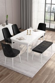 Resim Canisa Are Serisi 80x132 Mdf Açılabilir Beyaz Masa Takımı 4 Siyah Sandalye Ve 1 Bench 