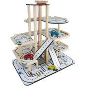 Resim Ahşap Asansörlü Otopark - Üç Katlı Garaj Seti - Hotwheels Garaj Seti - Otopak Seti - Eğimli Garaj 