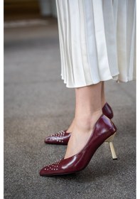 Resim Laminta Secret Metal Üçgen Topuklu Taş Detaylı Kadın Topuklu Ayakkabı Bordo 