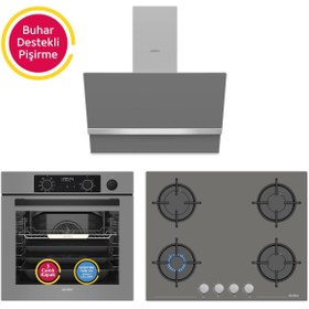Resim Simfer 11 Fonksiyon Steam Master Gri 3'lü Ankastre Set ( Fırın + Ocak + Davlumbaz) 