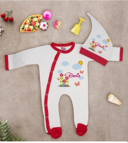 Resim Bk Kids Kişiye Özel Çiçek Tasarımlı Kırmızı Tulum Zıbın Ve Kukuletalı Şapka Seti-3 Çok Renkli 