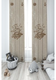 Resim Mekta Home Bebek Ve Çocuk Odası Korsan Gemi Ve Dümen Desenli 2 Kanat Fon Perde 