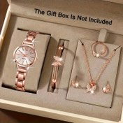 Resim Şık 6 Parça Kadın Kuvars Saat ve Kelebek Takı Seti, Çinko Alaşım Kayış, Yuvarlak Kasa - Onun İçin Mükemmel Hediye 