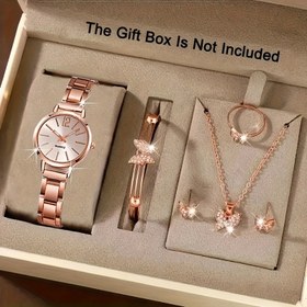 Resim Şık 6 Parça Kadın Kuvars Saat ve Kelebek Takı Seti, Çinko Alaşım Kayış, Yuvarlak Kasa - Onun İçin Mükemmel Hediye 