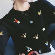 Resim Çiçek Nakışlı Yuvarlak Yaka Kazak, Sonbahar ve Kış İçin Şık Uzun Kollu Kazak, Kadın Giyim 