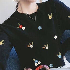 Resim Çiçek Nakışlı Yuvarlak Yaka Kazak, Sonbahar ve Kış İçin Şık Uzun Kollu Kazak, Kadın Giyim 